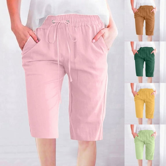 QATAINLAV Cotton Linen Bermuda Shorts for Women Knee Length High Waisted Shorts Summer Casual Drawstring Beach Shorts with Pockets Today Sales Pink M