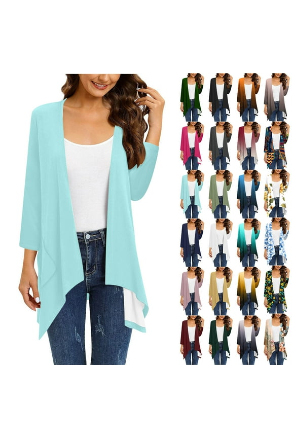 Summer Cardigan for Women 2025 Light Weight Flowy Hem Kimonos Fall Casual 3/4 Sleeve Shawl Basic Solid Duster Tops Outerwear Best Sales Today Black XXL