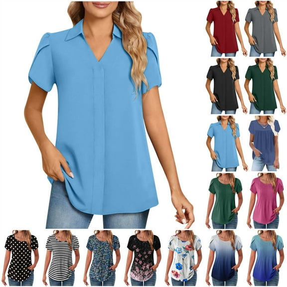 QATAINLAV Summer Casual Tops for Women Tulip Hem Short Sleeve Pleated Tshirts Fashion Stripe Print Round Neck Tunics Blouse Multicolor S