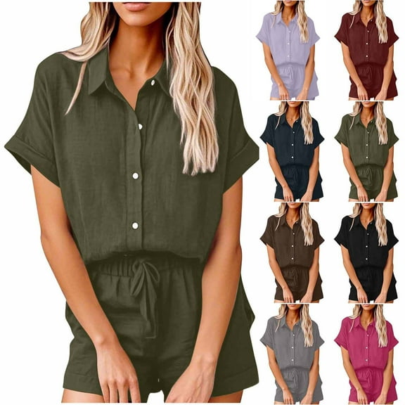 QATAINLAV Linen Sets for Women 2 Piece Summer Lounge Set Casual Button Down Short Sleeve Shirts and Shorts Beach Vacation Outfits Brown L
