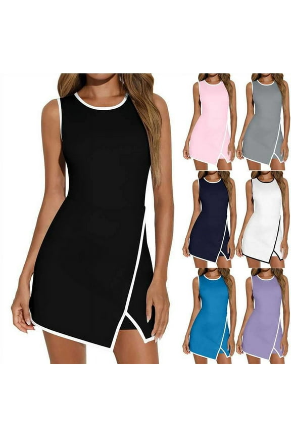 Workout Tennis Dress with Built-in Bra & Shorts for Women Sleeveless Crewneck Color Block Golf Athletic Mini Dresses with Pockets White M