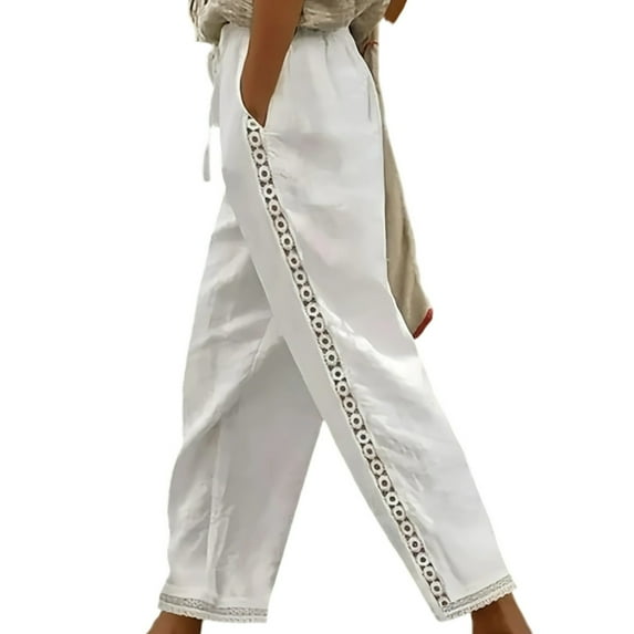 QATAINLAV Summer Cotton Linen Pants Women Casual Drawstring Waist Hollow Out Straight Leg Trouser Lightweight Beach Pants with Pockets, White, XL