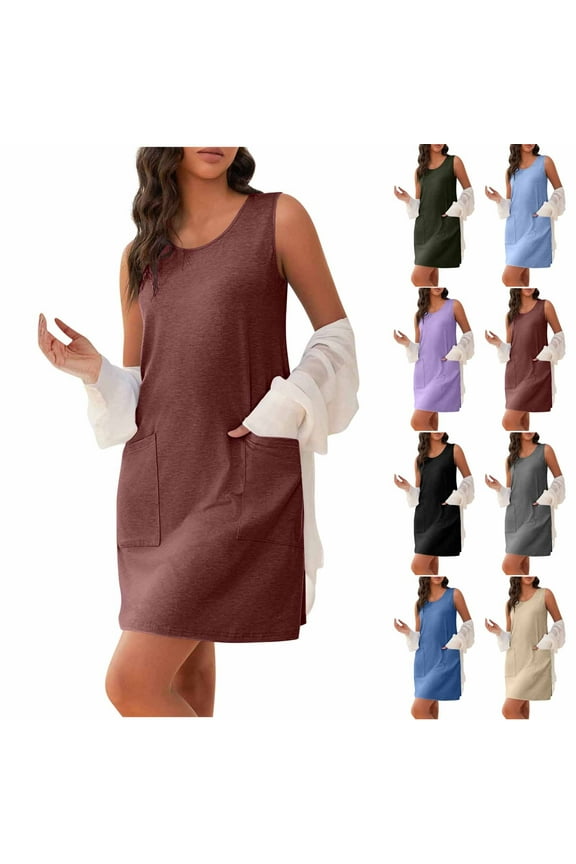Summer Dresses for Women 2025 Sleeveless Nightgowns Tank Dress with Pocekts Cotton Comfy A Line Jumper Mini Dresses Sleepwear Army Green XXL Lightning Sales Today