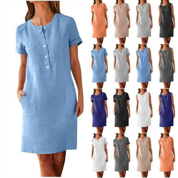 QATAINLAV Summer Dresses for Women 2025 Sleeveless Tank Dress Solid Casual Button Crewneck Mini Dresses with Pockets Vacation Clothes Black L Birthday Gifts