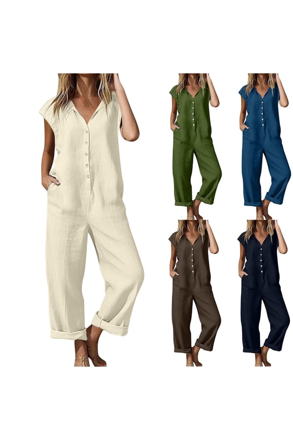 Summer Jumpsuits for Women Linen Button Down Long Romper Cap Sleeve Casual Wide Leg Overalls with Pockets Navy XL