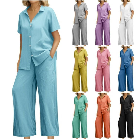 QATAINLAV Summer Linen 2 Piece Outfits for Women Short Sleeve Button Down Shirt Matching Wide Leg Pants Lounge Sets with Pockets Light Blue XXL Ropa de Verano Para Mujer