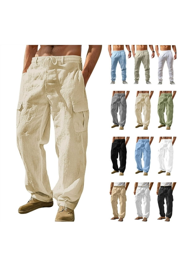 Summer Linen Beach Pants for Men Casual Drawstring Breathable Trousers Basic Solid Color Loose Fit Elastic Waist Pants with Pockets Todays Sale Sky Blue M