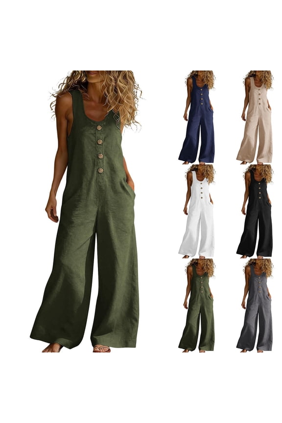 Summer Linen Jumpsuits for Women Button Down Sleeveless Casual Jumpers Loose Wide Legs Rompers Overalls with Pockets Army Green L