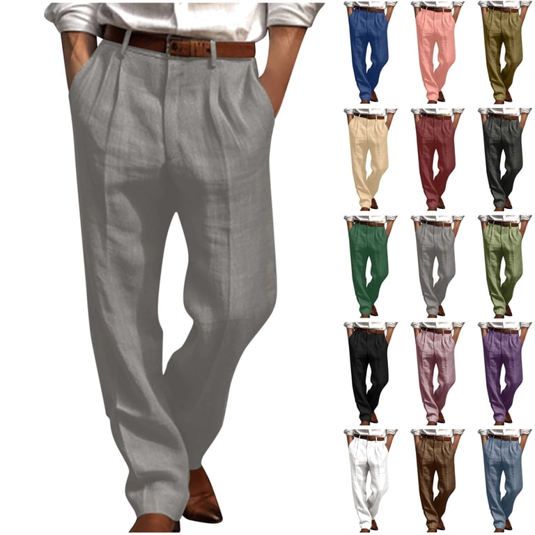 Qatainlav Mens Straight Leg Pleated Work Dress Pants Loose Fit Lightweight Linen Beach Yoga Trousers Casual Pleated Front Pocket Suit Pant, Khaki, L,