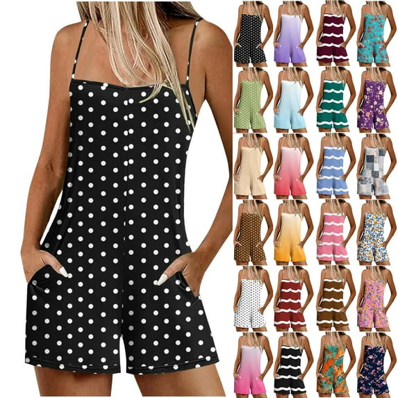 QATAINLAV Summer Outfits for Women Vacation Beach Sleeveless Rompers Fashion Stripe Print Onesie Shorts Spaghetti Straps Casual Short Jumpsuits with Pockets Red S Ropa de Verano Para Mujer