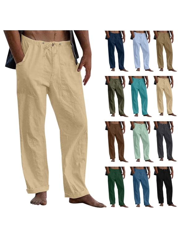 Summer Pants for Men Lightweight Linen Beach Pants Casual Drawstring Elastic Waist Yoga Pant Outdoor Loose Wide Leg Work Trousers with Pockets Sales Prime Sky Blue XL