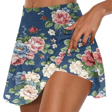 QATAINLAV Summer Pleated Tennis Skirts for Women Trendy Floral Print Golf Workout Skorts 2024 Outdoor Athletic Stretchy Fake Two Piece Trouser Skirt Ofertas Flash Blue S