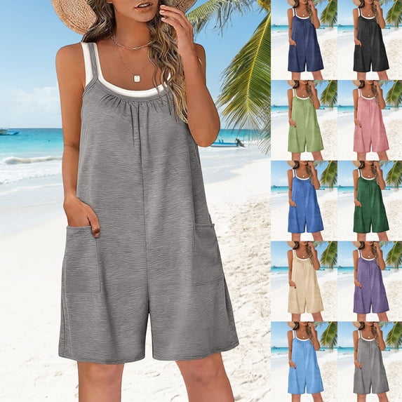 QATAINLAV Summer Rompers for Women Sleeveless Adjustable Strap Onesies Shorts Cotton Casual Wide Jumpsuits with Pockets Blue XXL