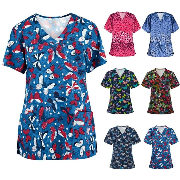QATAINLAV Summer Savings Clearance! Novelty Scrubs for Women Butterfly Printed Short Sleeve V Neck Scrub Tops Nursing Working Uniform Medical Holiday Workwear Pocketed T Shirt Multicolor M