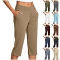 thumbnail image 1 of QATAINLAV Summer Savings! Womens Button Trim Crossover High Waisted Yoga Cropped Pants Baggy Side Slits Solid Color Stretch Dress Capris with Pockets Brown L, 1 of 8