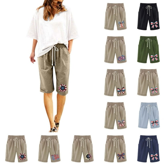 QATAINLAV Summer Shorts for Women 4th of July Patriotic Cute Knee Length Bermuda Shorts Lightweight Linen Wide Leg Beach Short Pants with Pockets Army Green M on Sale Clearance