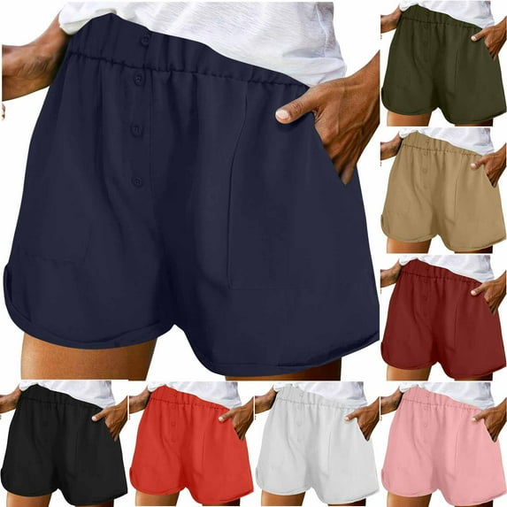 QATAINLAV Summer Shorts for Women Casual Cotton Button Short Pant Solid Color Lightweight Wide Leg Bermuda Shorts with Pockets Army Green L Today Sales