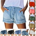 thumbnail image 1 of QATAINLAV Summer Shorts for Women Casual Drawstring Elastic Waist Denim Shorts Trendy Fringe Hem Short Jeans Solid Color Going Out Jean Shorts with Pockets Dark Blue L Summer Savings, 1 of 6