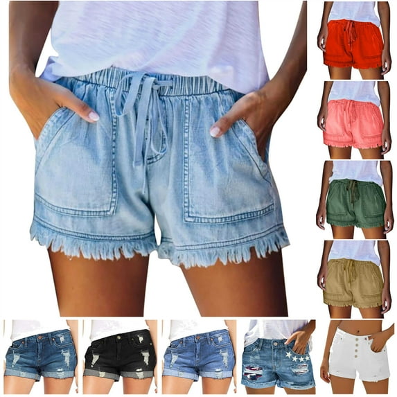 QATAINLAV Summer Shorts for Women Casual Drawstring Elastic Waist Denim Shorts Trendy Fringe Hem Short Jeans Solid Color Going Out Jean Shorts with Pockets Dark Blue L Summer Savings