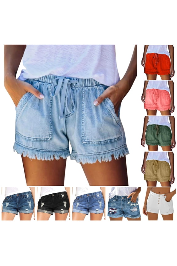 Summer Shorts for Women Casual Drawstring Elastic Waist Denim Shorts Trendy Fringe Hem Short Jeans Solid Color Going Out Jean Shorts with Pockets Warehouse Sales Today Pink S
