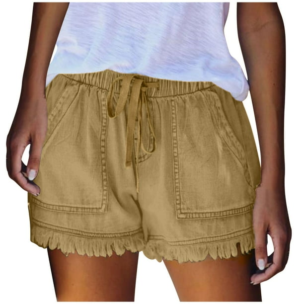 Colored Denim Short With Fringe, Khaki Colored Denim Short With Fringe, Khaki