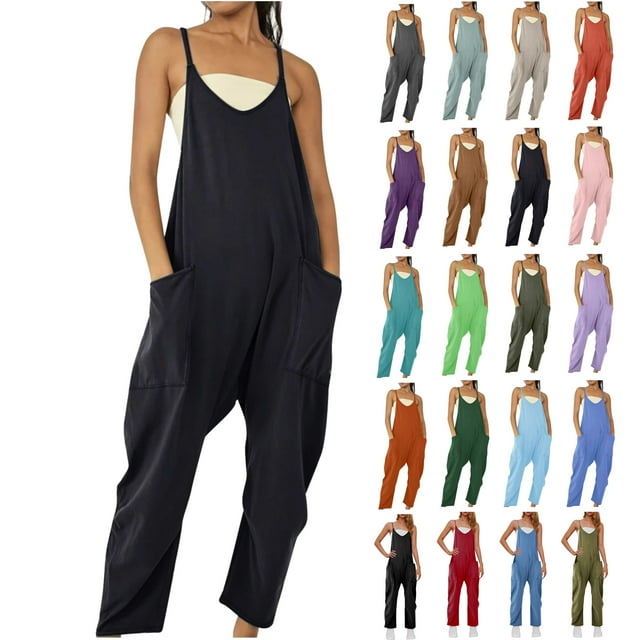 QATAINLAV Summer Sleeveless Jumpsuits for Women Casual Loose Spaghetti Strap Overalls Basic Solid Wide Leg One Piece Pants with Pockets Summer Savings Orange XL