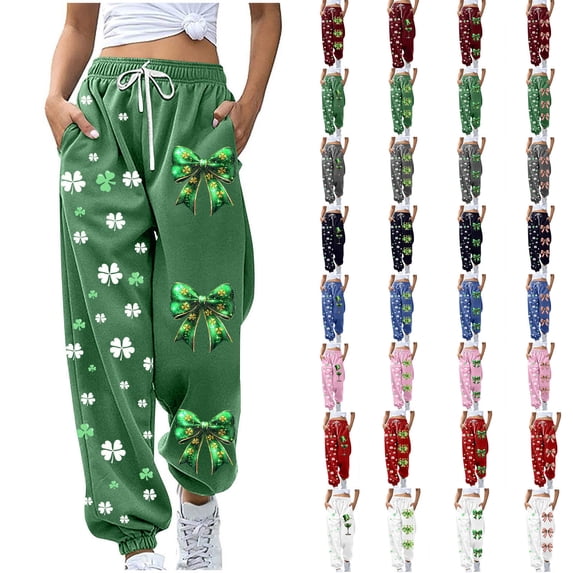 QATAINLAV Sweat Pants for Women St. Patrick's Day Baggy Cinch Bottom Sweatpants Casual Drawstring Joggers with Pockets, Green, XL