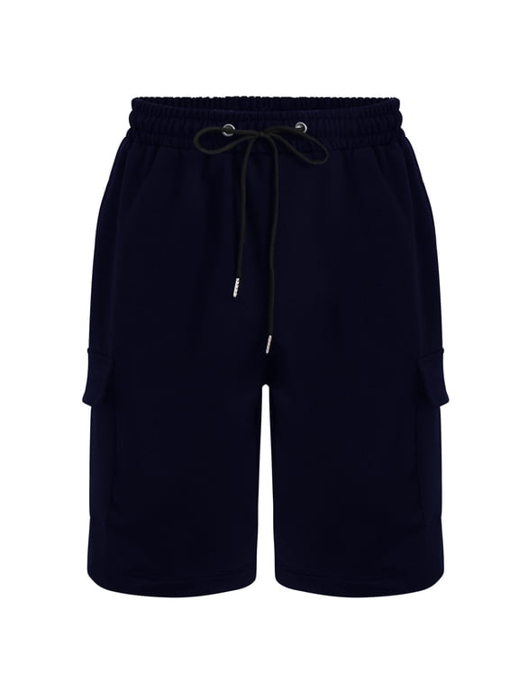 Sweat Shorts for Men Casual Drawstring Elastic Waist Cargo Shorts with Multi-Pockets Outdoor Basic Solid Color Workout Shorts Sales Navy L