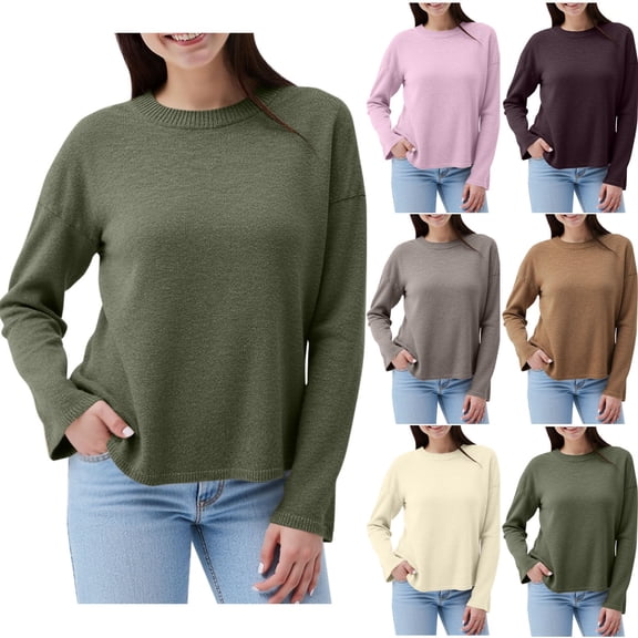 QATAINLAV Sweaters for Women Long Sleeve Crew Neck Pullover Tops Solid Color Casual Ribbed Knit Jumpers, Brown, M