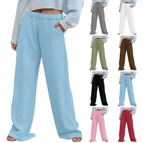 QATAINLAV Sweatpants for Women Solid Color Loose Wide Leg Lounge Trousers Casual Elastic Waist Open Bottom Yoga Pant with Pockets, Green, M