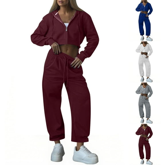 QATAINLAV Sweatsuits for Women Full Zip Crop Hoodie Jackets and High Waisted Jogger Pants 2 Piece Sets Solid Casual Workout Outfits, Gray, L, Mothers Day Gifts