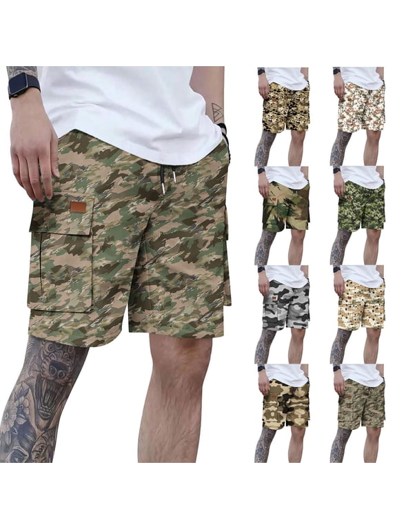 Tactical Military Cargo Shorts for Men Casual Elastic Waist Drawstring Work Short Pants Outdoor Fishing Camping Shorts with Pockets