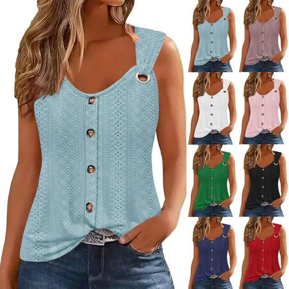 QATAINLAV Tank Tops for Women 2025 Summer Casual Sleeveless T Shirts Loose Ring Straps V Neck Blouses Eyelet Embroidery Beach Outfits Blue L