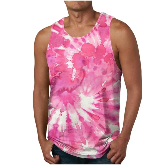 QATAINLAV Tank Tops for Men Fashion Tie Dye Print Muscle Shirts Casual Round Neck Sleeveless Gym Workout Undershirt Today Prime Sales Pink XL