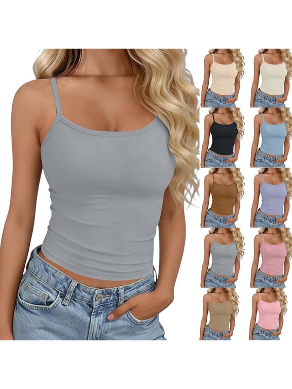 Tank Tops for Women Spaghetti Strap Cropped Tops Casual Summer Camisole Shirts Solid Color Basic Homewear Undershirt Gray