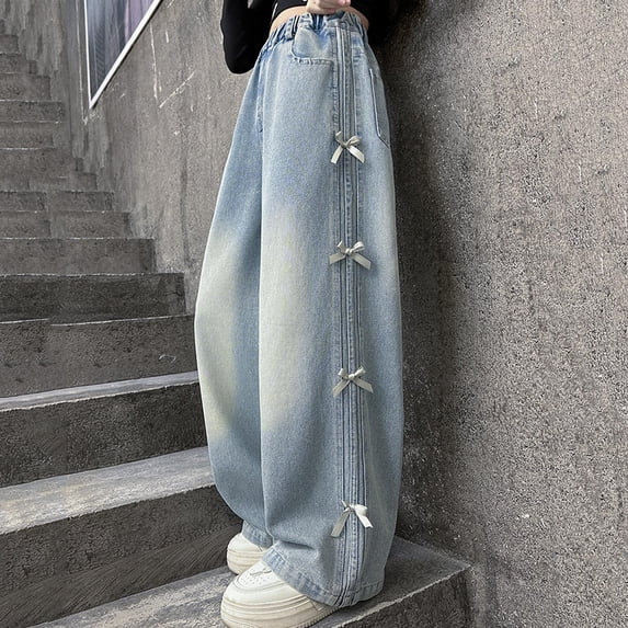 QATAINLAV Teen Girls Wide Leg Jeans Elastic Waistband Cute Baggy Denim Pants Tween Kids Preppy Clothes Outfits Casual Trousers for Girls Blue,5-6 Years