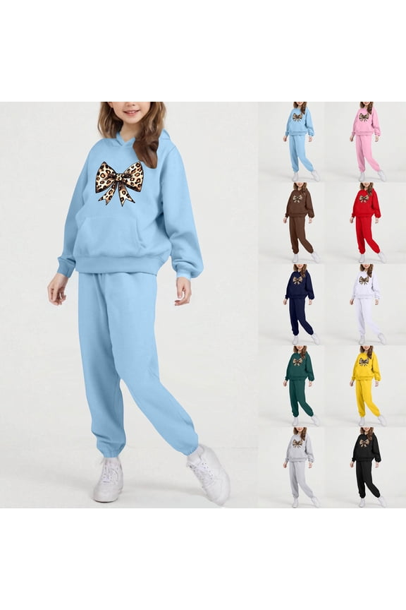 Teen Sweatsuits Sets 2 Piece Girls Cute Leopard Bow Outfits Long Sleeved Pullover Sweatshirt and Sweatpants Jogger Tracksuit Sets