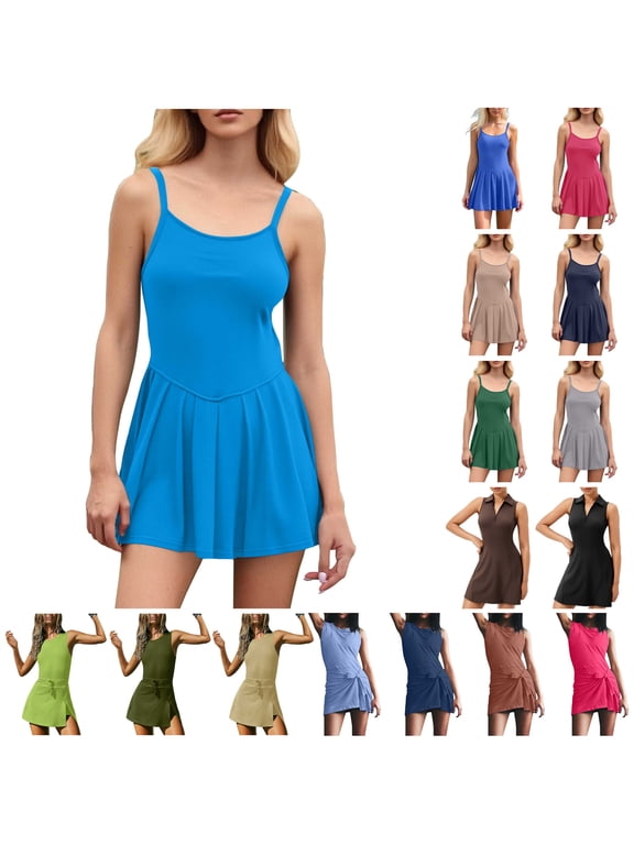 Tennis Dress with Shorts for Women Summer Sleeveless Workout Golf Dresses Open Back Athletic Onesie Rompers Skort Dress Light Blue L Sales of The Week