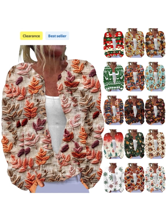 Thanksgiving Knitted Sweater for Women Novelty Print Open Front Cardigans Long Sleeve Lightweight Button Down Sweater Tops Blue XXXXL