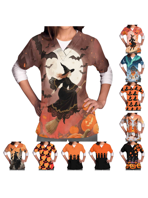 Thanksgiving Scrub Tops Women Funny Pumpkin Ghost Graphic Nurse Uniforms Short Sleeve V Neck Nursing Scrubs Top with Pockets