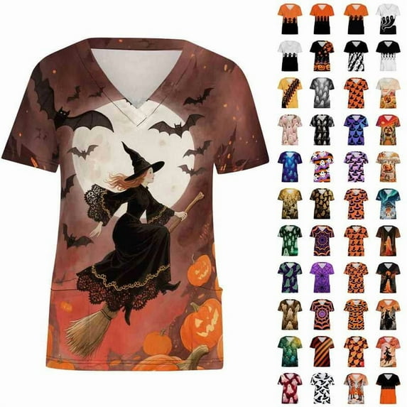 QATAINLAV Thanksgiving Scrub Tops for Women Short Sleeve Turkey Nursing TShirt with Pockets Womens V Neck Printed Working Uniforms Black L