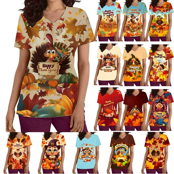 QATAINLAV Thanksgiving Scrub Tops Women Turkey Printed Holiday Nursing T-Shirt Scrubs Tops Womens Holiday Fall Cute Printed Workwear Medical Uniforms Lightning Deals of Today Prime Orange S