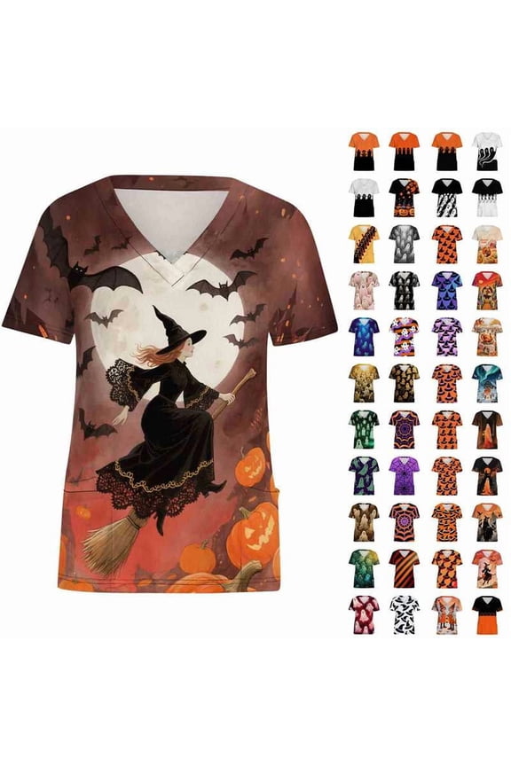 Thanksgiving Turkey Scrubs for Women Short Sleeve V Neck Casual Working Uniform Tops with Pockets Holiday Workwear Nursing Scrub Shirts Gold M