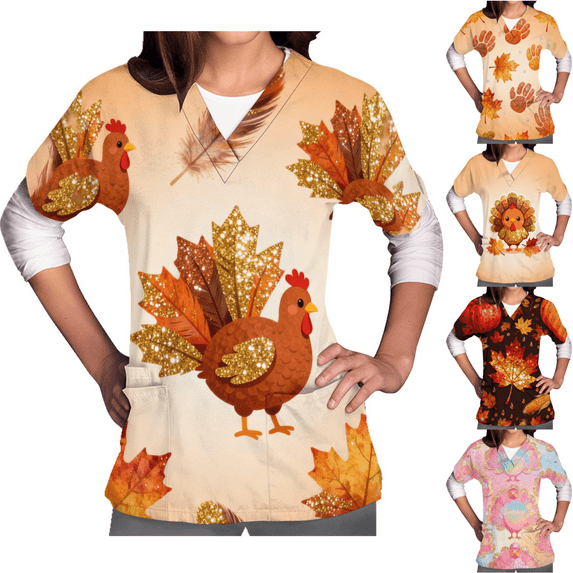 QATAINLAV Thanksgiving Turkey Scrubs for Women Short Sleeve V Neck Nursing Working Uniform Novelty Holiday Scrub Tops with Pockets