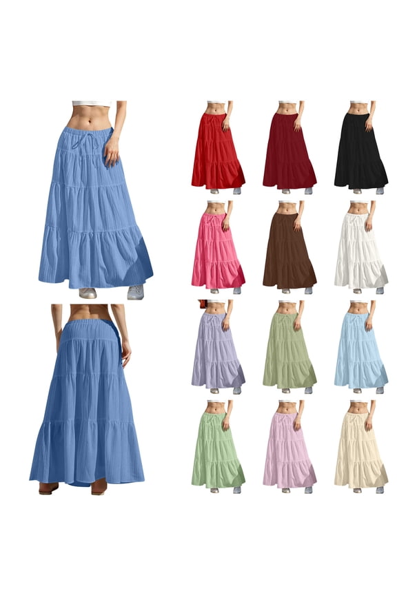 Tiered Long Skirts for Women Summer Vacation A-Line Pleated Skirt Casual Drawstring High Waisted Flowy Swing Maxi Skirts Green XL Weekly Prime