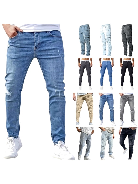 Tight Jeans for Men Stretchy Ripped Tapered Leg Jean Pants Solid Color Causal Distressed Trousers