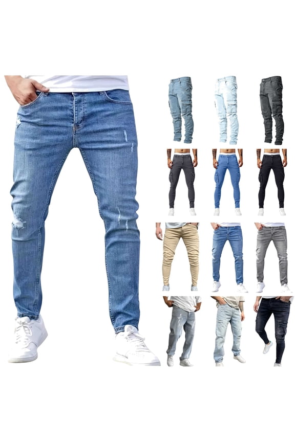Tight Jeans for Men Stretchy Ripped Tapered Leg Jean Pants Solid Color Causal Distressed Denim Trousers, Gray, M