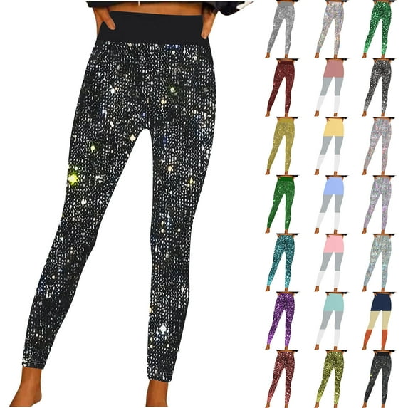 QATAINLAV Tight Leggings for Women Fashion Glitter Sequin Printed High Waist Yoga Pant Casual Full Length Seamless Tummy Control Workout Pants Sales of The Week Pink XL