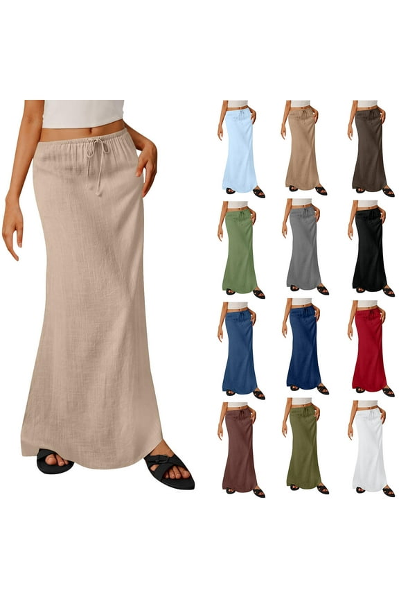 Today Sales! Cotton Linen Skirts for Women Maxi Length Summer Skirts Drawstring Low Rise A-Line Casual Loose Flowy Beach Skirt Black M