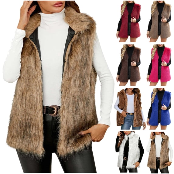 QATAINLAV Women's Faux Fur Vest Sleeveless Short Jacket Winter Warm Fur Coat Waistcoat Outerwear, Brown, M